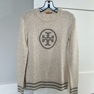Hardly worn Tory Burch sweater (S) with taupe/gold emblem and trim.